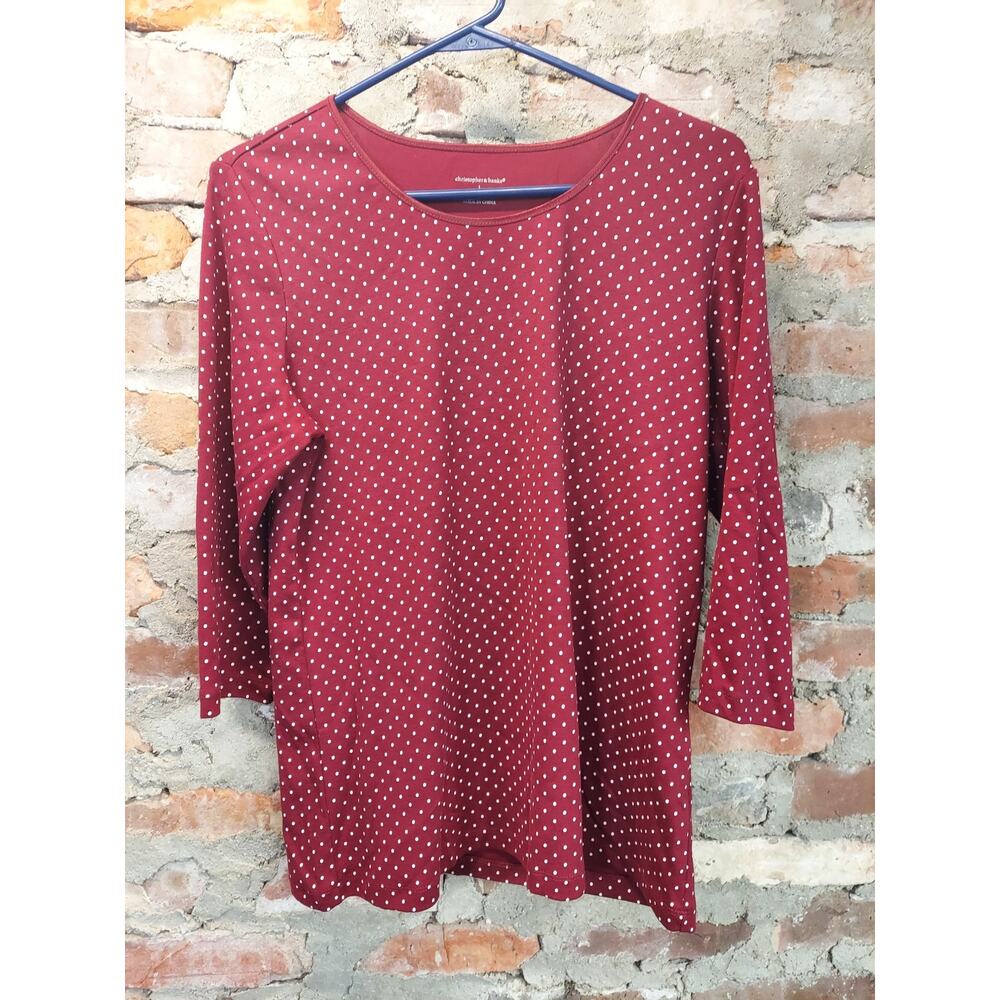 Christopher & Banks Womens Large L Maroon Polka Dot 3/4 Sleeve Cotton Top